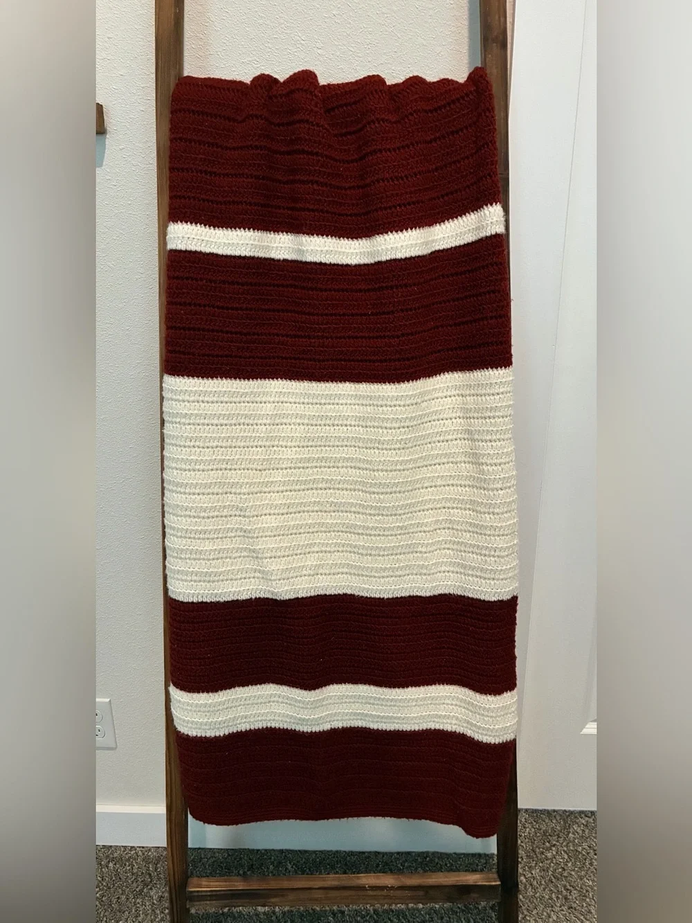 Striped Maroon and Cream Knit Throw Blanket